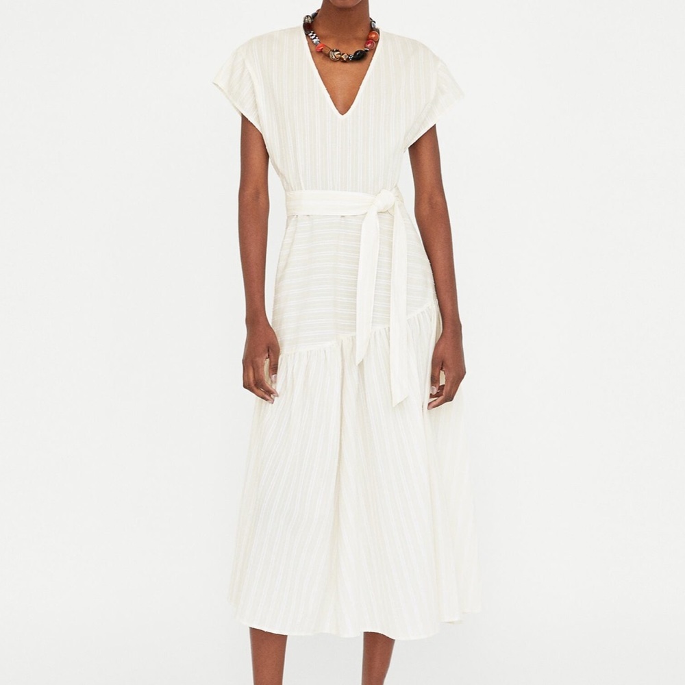 ZARA Long Striped Dress Short Sleeves V Neck Size XS NWT